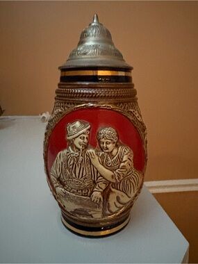 Vintage Decorative Ceramic Beer Stein in Red and Gold